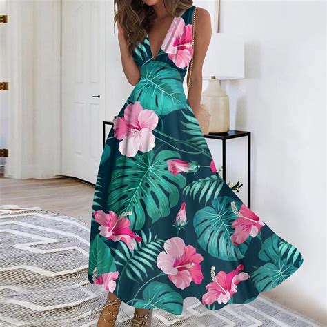 Purjkpu Summer Dresses For Women 2024 Beach Tropical Print Swing Dresses Sleeveless Deep V Neck