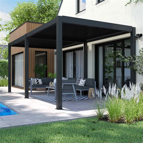 Pergola bioclimatique autoportée 3 x 6 m et 2 stores gris 2 66 x 2 34