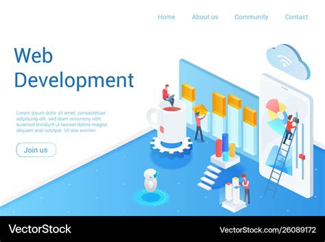 Web Development Isometric Landing Page Royalty Free Vector