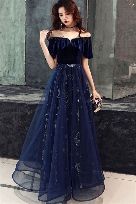 Robe De Bal Longue En Dentelle De Tulle Bleu Foncé Robe De Soirée