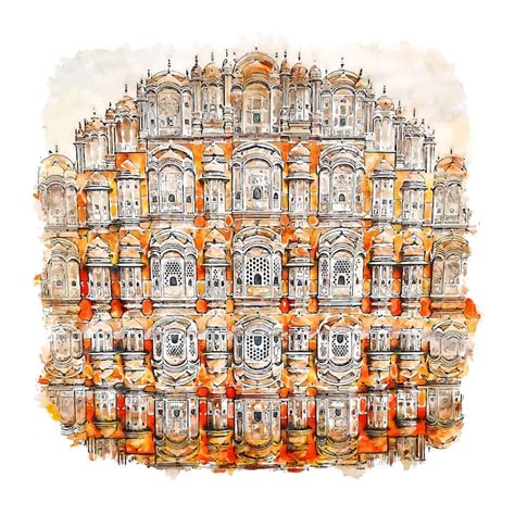 Hawa Mahal Jaipur Inde Croquis Aquarelle Illustration Dessinée à La