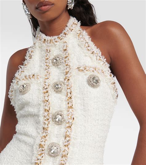 Halterneck Embellished Tweed Minidress In White Balmain Mytheresa