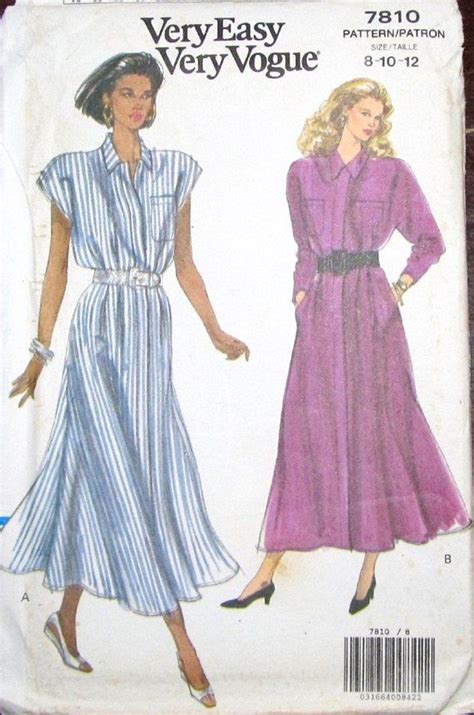 Very Easy Vogue 7810 Vtg Sewing Pattern Button Down Shirtdress Long Or