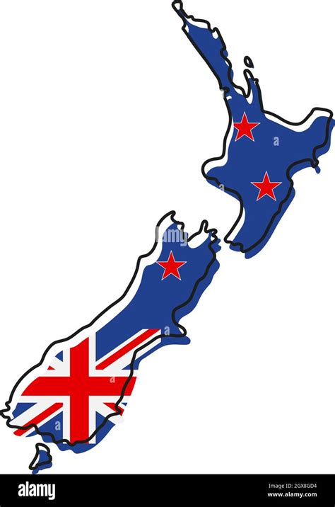 Stylized outline map of New Zealand with national flag icon. Flag color map of New Zealand ...