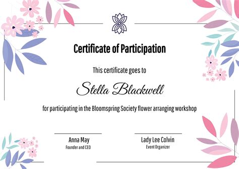 Certificate Of Participation Flower Arranging Workshop - Mediamodifier