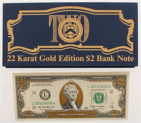 K Gold Layered Uncirculated Special Edition Two Dollar Bill Bank Note