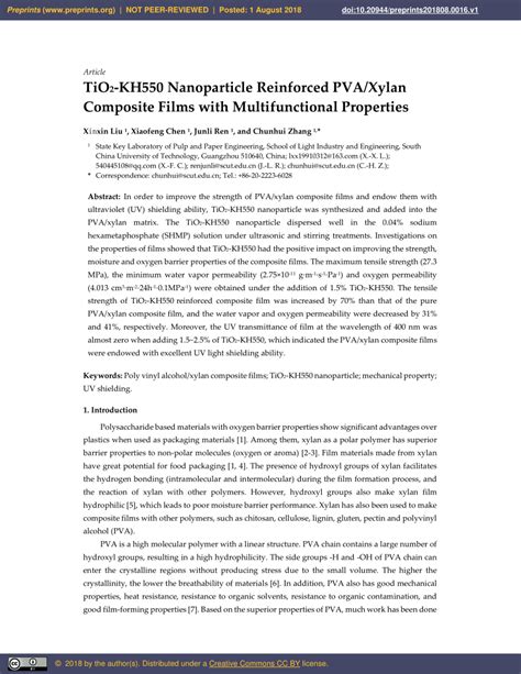 PDF TiO2 KH550 Nanoparticle Reinforced PVA Xylan Composite Films With