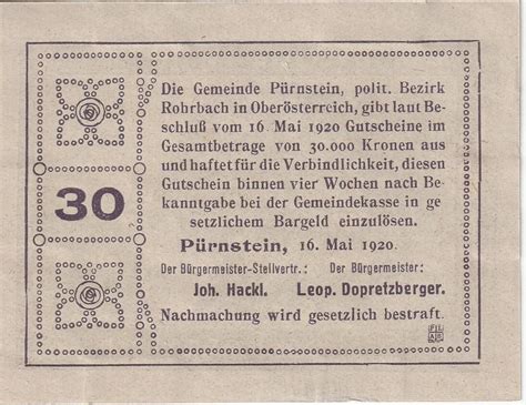 30 Heller Municipality of Pürnstein Numista