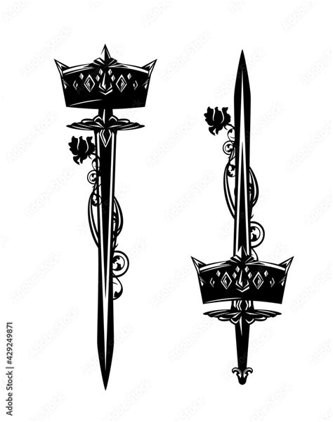 Fantasy King Long Sword With Royal Crown And Rose Flower Black And