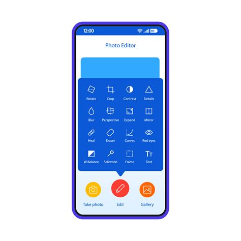 Photo Editor Smartphone Interface Vector Template Mobile App Page Blue