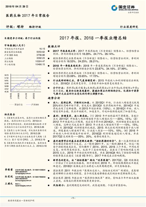 医药生物行业2017年日常报告：2017年报、2018一季报业绩总结