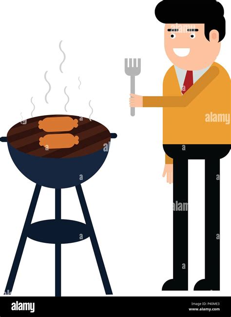 Man Is Cooking A Barbecue Grill Fry Meat And Sausages On Fire Isolated