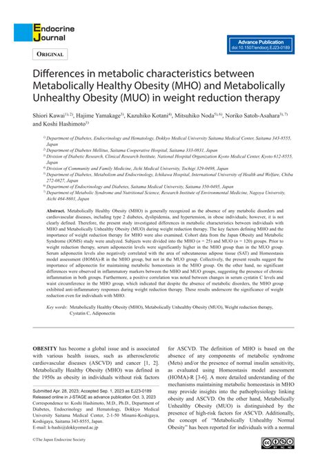 PDF Differences In Metabolic Characteristics Between Metabolically