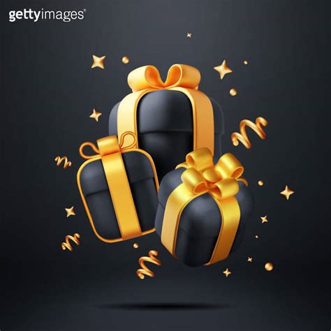 D Black Gift Boxes With Gold Bow And Confetti