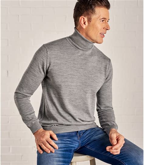 Grey Marl Mens 100 Merino Polo Neck Jumper Woolovers Uk