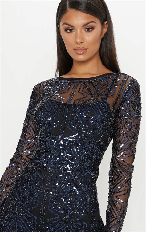 Black Sequin Embellished Bodycon Dress Prettylittlething Aus