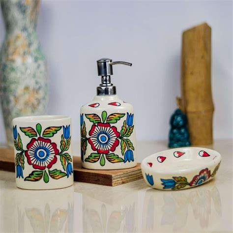 Handpainted Khurja Ceramic Bathroom 3pc Set | Khurja Pottery