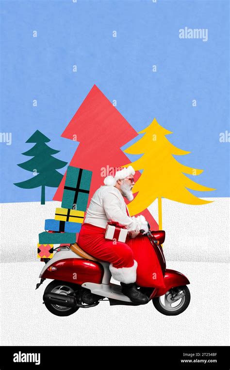 Composite Collage Image Of Driving Scooter Moped Funny Santa Claus Old