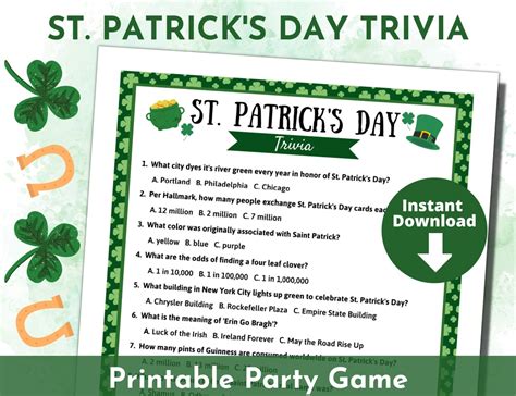 St Patricks Day Trivia Game Saint Paddys Party Printable Games Saint