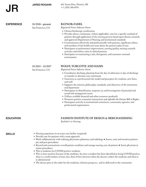 Registered Nurse Infusion Nurse Resume Samples | Velvet Jobs