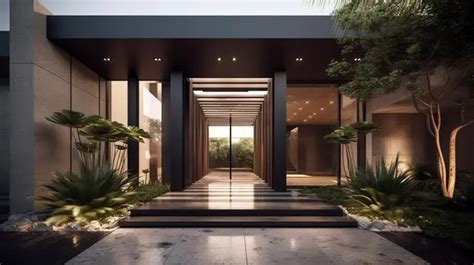 Stunning Modern Villa Entrance In 3d At Twilight Background Villa