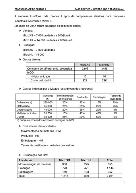 Caso Pr Tico M Todo Abc E Tradicional Contabilidade De Custos Ii