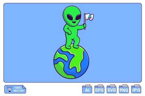 Cute Alien Holding Flag On Earth Cartoon