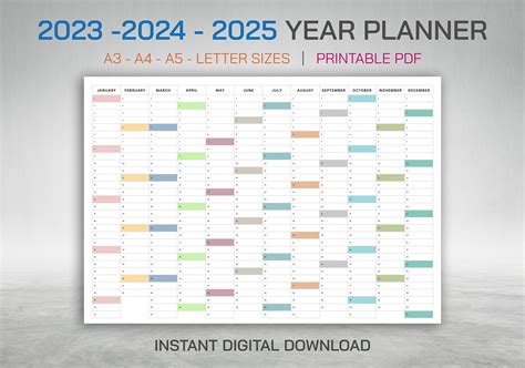 2023-2024-2025 Year Planner, Printable PDF, Horizontal Planner Calendar ...