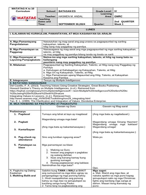 Gmrc Grade 4 Matatag Detailed Lesson Plan Pdf