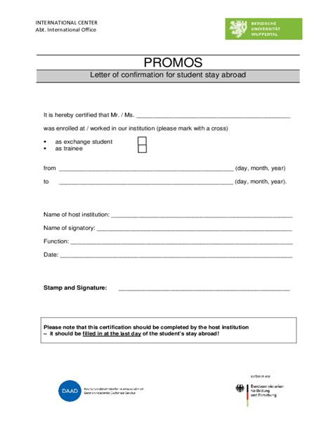 Fillable Online PROMOS Letter Of Confirmation For A Student Stay Abroad