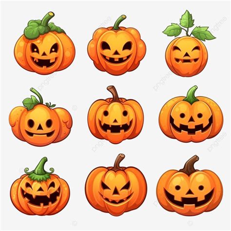 Conjunto De Lindas Calabazas De Halloween Con Caras Aterradoras Png