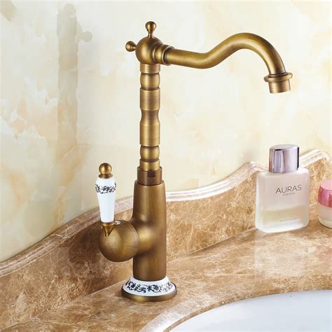 Retro Style Brass Tall Long Neck Bathroom Basin Mixer Taps Deck Mounted Single Ceramic Handle