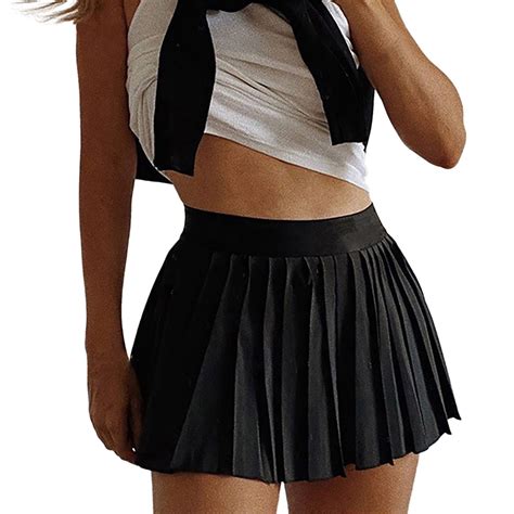 Fsqjgq Black Mini Skirts For Women High Waisted A Line Ruffles Pleated