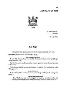 Act 12 Fiji Revenue And Customs Service Budget Amendment Parliament