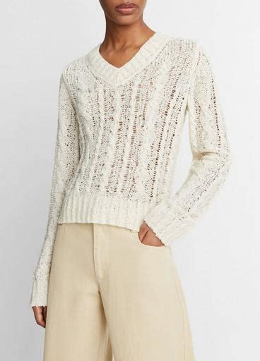 Textured Cable V Neck Sweater In Sweaters Vince