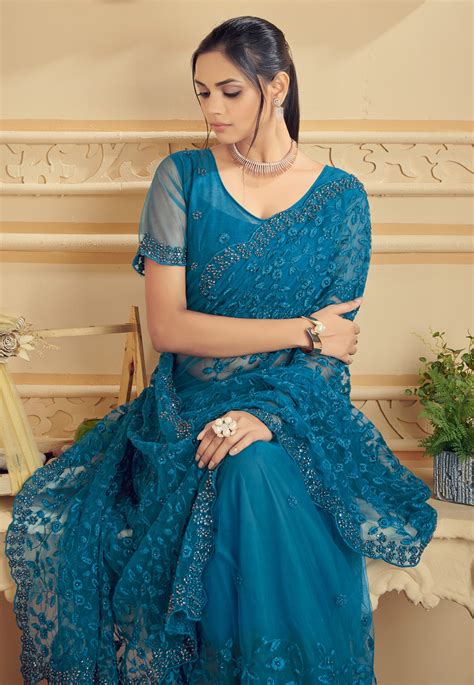 Net Saree With Blouse In Blue Colour 1327