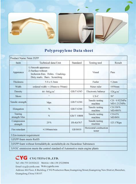 Polypropylene Data Sheet CYG TEFA Cross Linked PE Foam Leading Brand