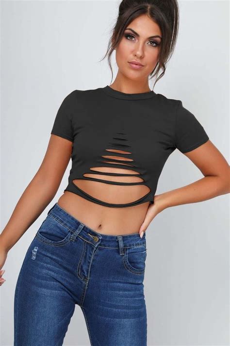 Bobbi Black Ripped Crop Top Tshirt Crop Tops Tops Frill Tops