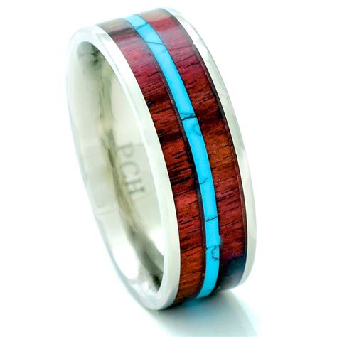 Titanium Hawaiian Koa Wood And Turquoise Wedding Band Ring 8mm