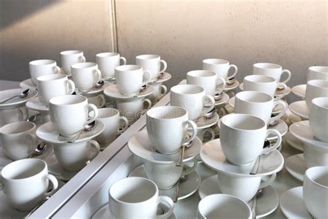 Coffee Cups Lined Up In Cafeteria Or Coffee House Stock Photo Image