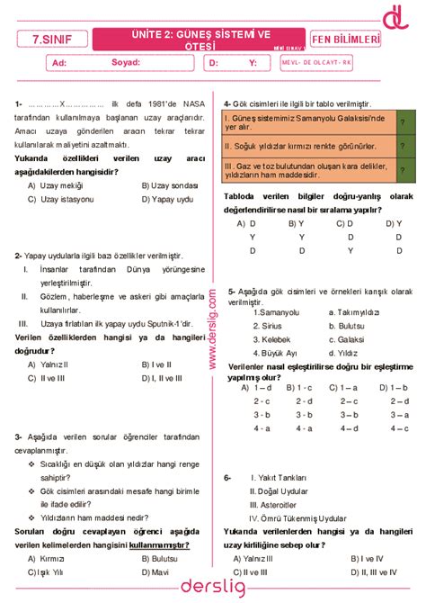 7 Sınıf Fen Bilimleri Güneş Sistemi Ve Ötesi Mini Sınav 1 Mini Sınav