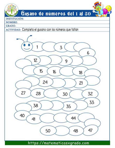 Gusano de números para imprimir y completar