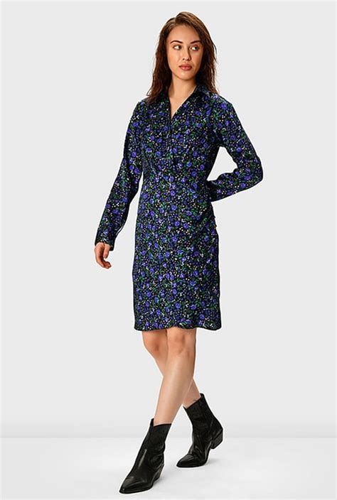 Shop Pleated Floral Print Satin Faux Wrap Dress Eshakti