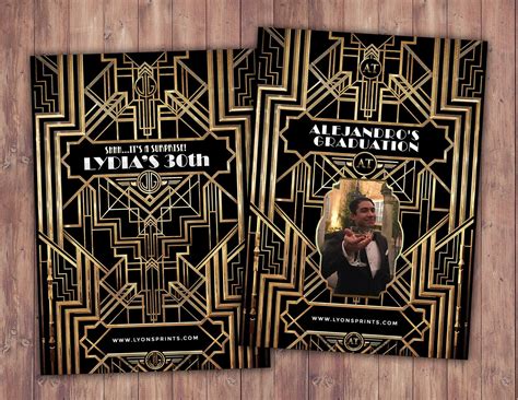 Great Gatsby Birthday Invitation Roaring 20s Hollywood Film Theme Party Invite Black And