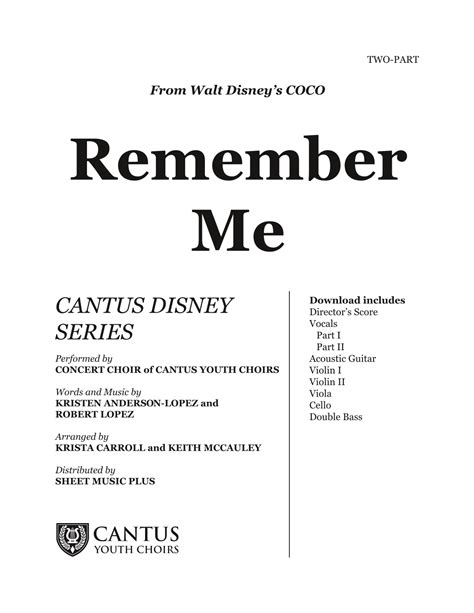 Remember Me Lullaby Arr Cantus Youth Choirs Publishing By Robert