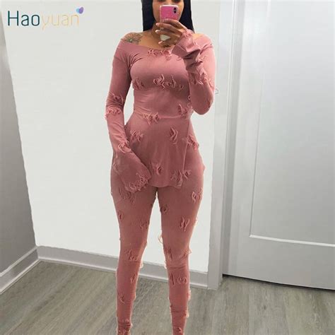 Haoyuan Casual Two Piece Set Long Sleeve Side Split Tops Pencil Pants Tracksuit Women Clothing