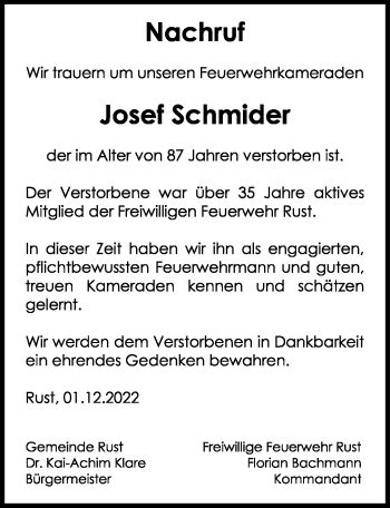 Traueranzeigen von Josef Schmider Schwarzwälder Bote Trauer