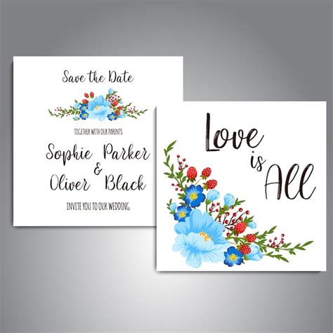 Invitación de boda con flores azules Vector Premium