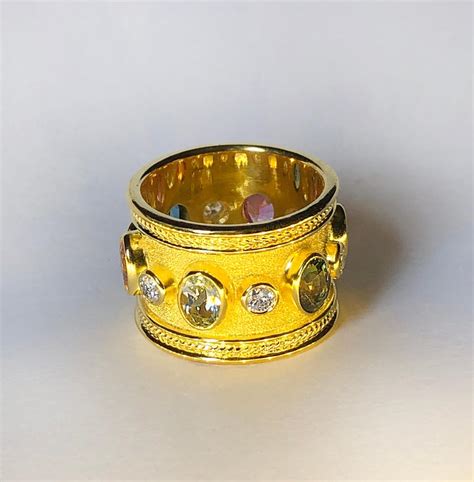 Georgios Collections 18 Karat Yellow Gold Diamond Multi Gemstone Wide Band Ring For Sale At 1stdibs