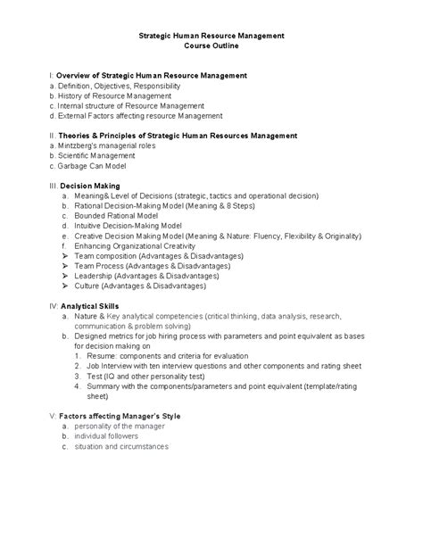 Course Content For Strategic Human Resource Management Strategic Human Resource Management